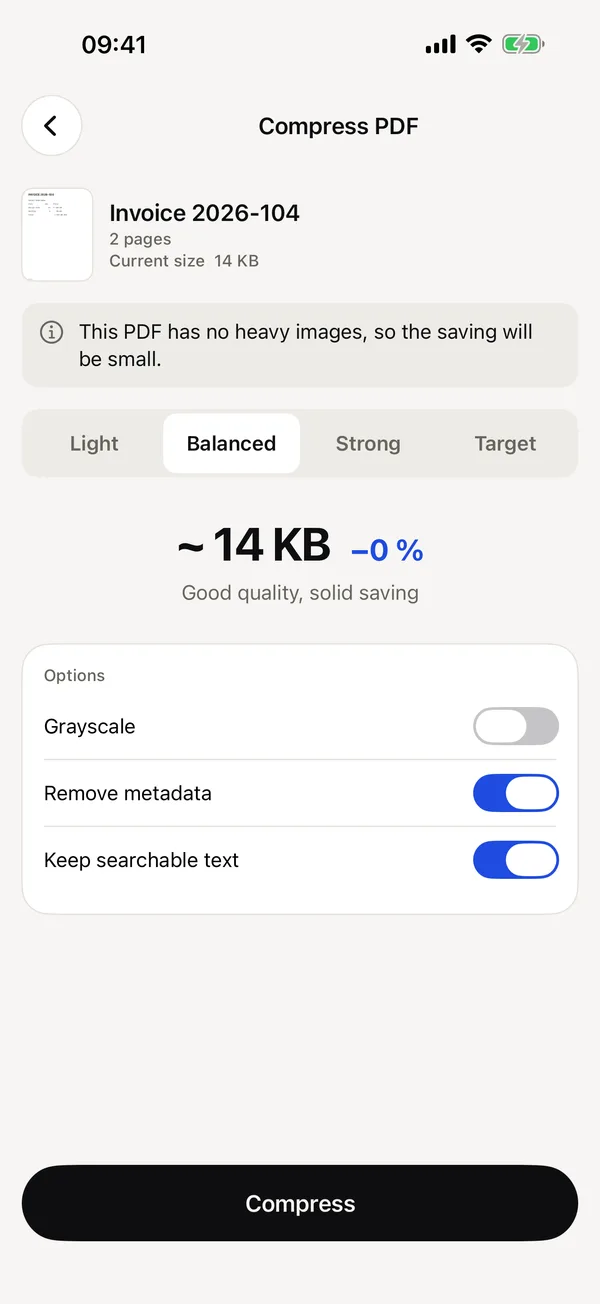 PDF LENS: Compress with size estimate